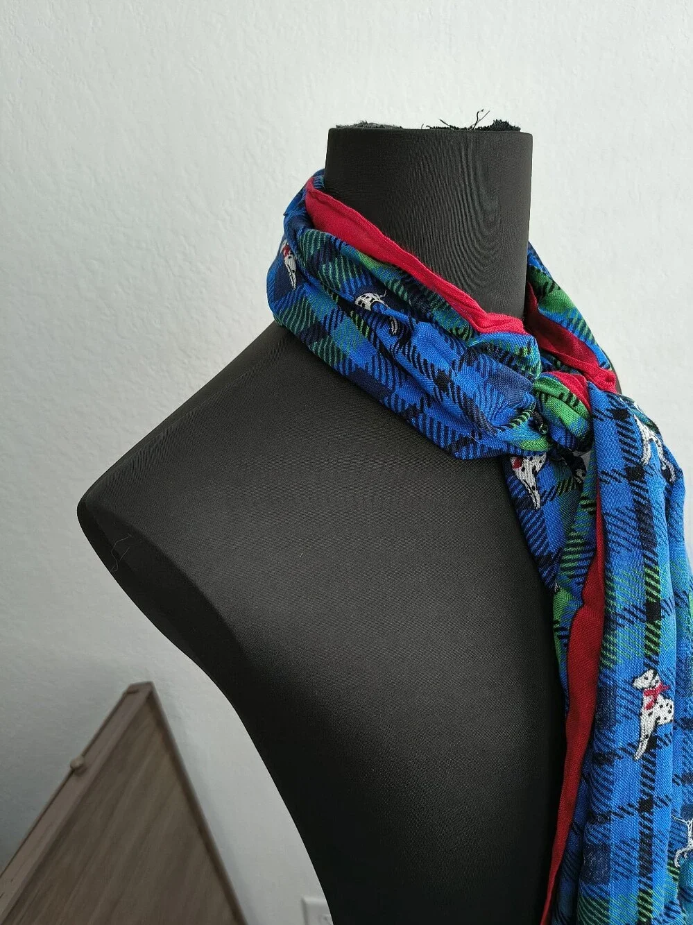 Talbots Blue and Green Plaid Scarf with Dalmatian Print and Red